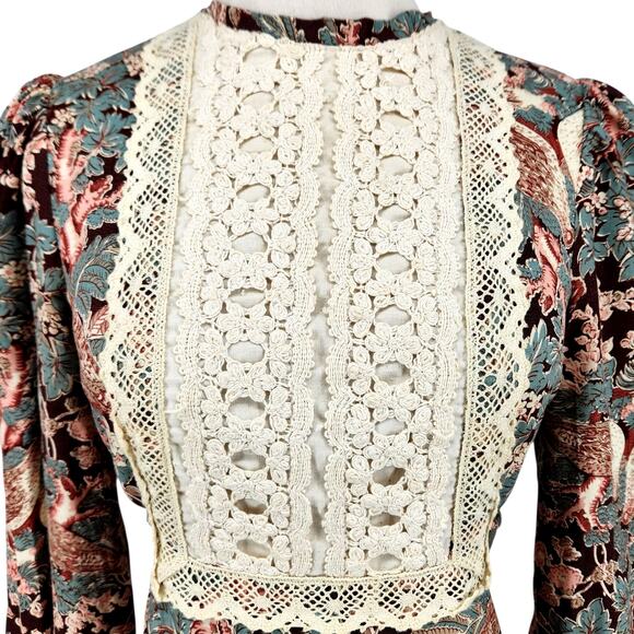 Vintage Black Label Gunne Sax Indian Cotton Bird Print 1969 Bohemian Dress Small - Picture 3 of 11